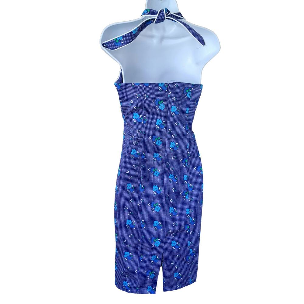VooDoo Vixen Marcia Blue Floral Pencil Dress Retro Halter XS/S Pinup Rockabilly - Picture 3 of 9